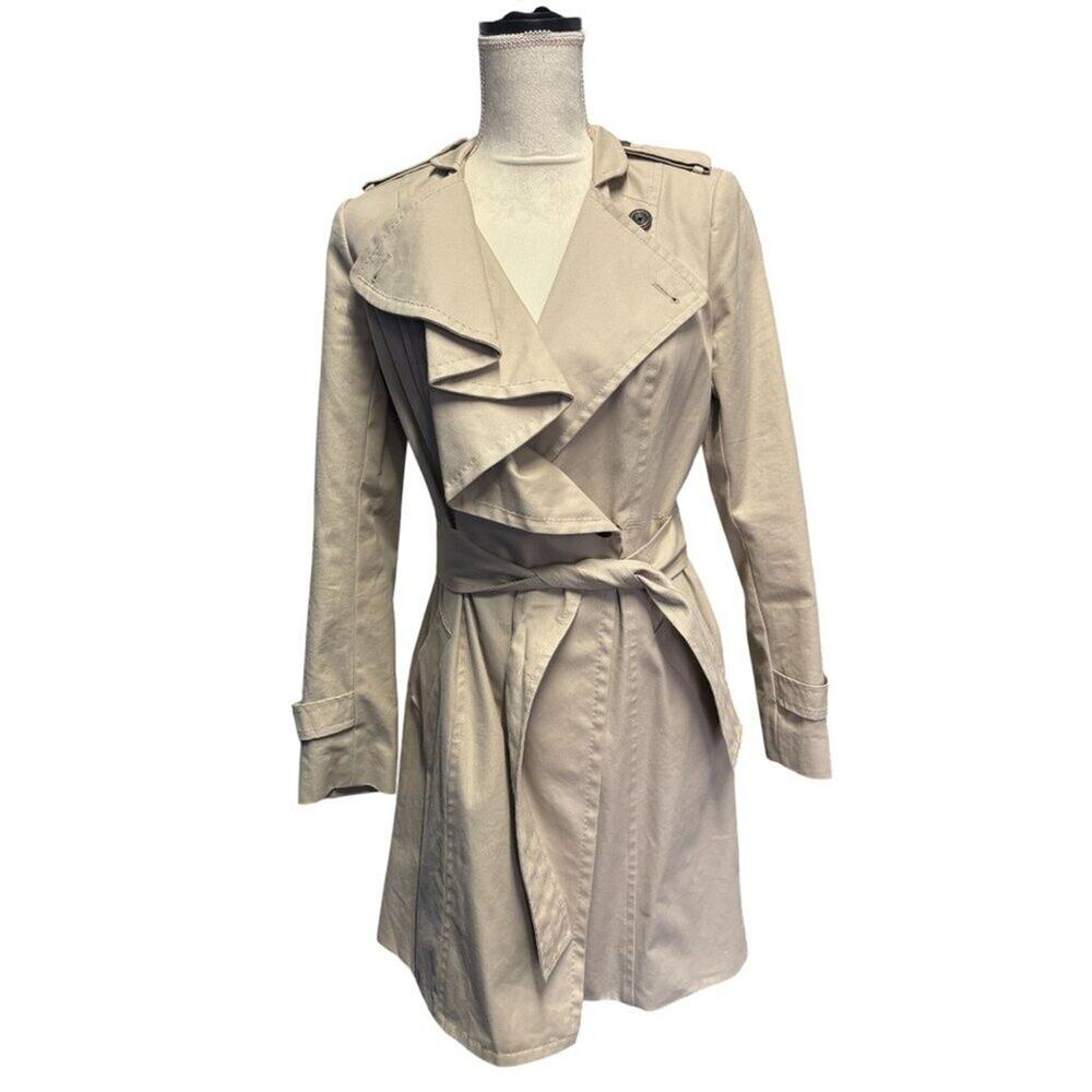 Diane Von Furstenberg Vintage Spy Ruffle Beige Belted Trench Coat Womens Size 4